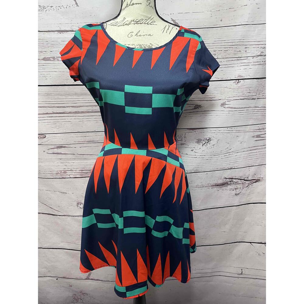 Love Culture Blue Teal Orange Geometric Pattern Crew Neck Dress Medium‎